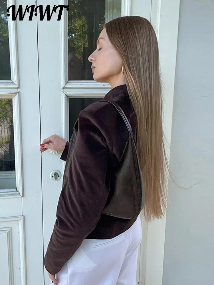 Vintage Burgundy Suede Jacket Women Slim V-neck Single Breasted Long Sleeve Coats 2024 Autumn New Female Office Chic Outwears