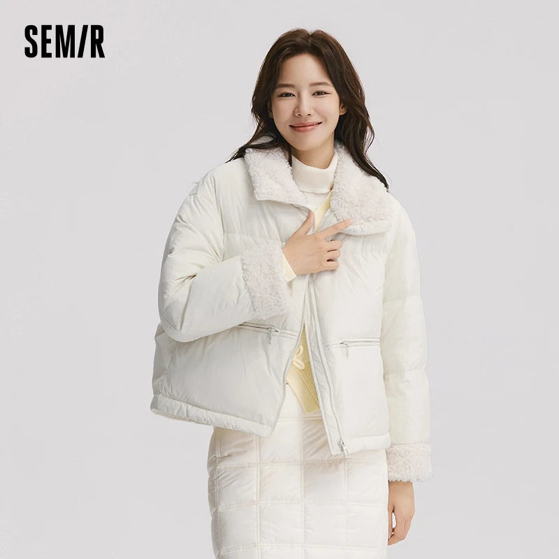 Semir Down Jacket Women Loose Solid Color 2024 New Winter Patchwork Imitation Lamb Wool Stand-Up Collar Textured Down Jacket