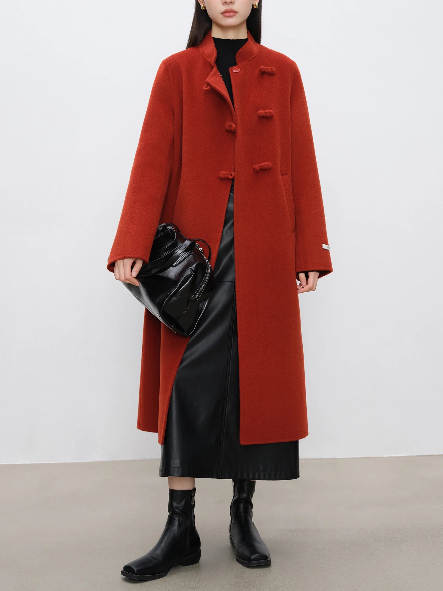 ZIQIAO Petite Size 100% Wool Red New Chinese Style Wool Double Sided Tweed Coat For Women 2024 Winter Warm Wool Coat 24ZQ94125