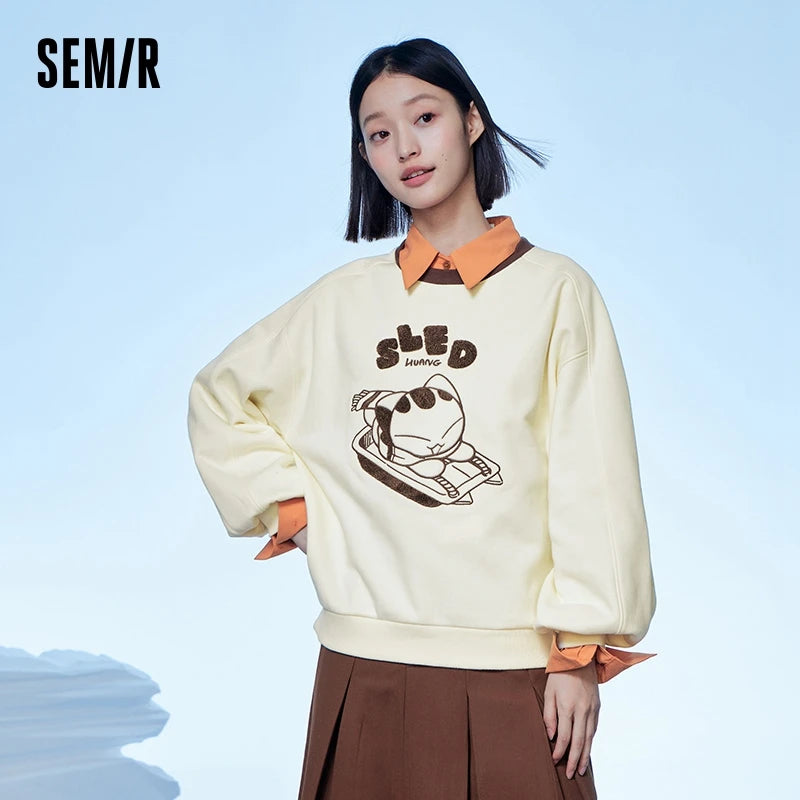 Semir Sweatshirt Women Contrast Color Loose Winter 2024 New Popular Antibacterial Heat Storage Fleece Women Clothing