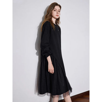 TOYOUTH Women Dress 2024 Autumn Winter New Mesh Splicing Round Neck Long Sleeve Casual Dress Black