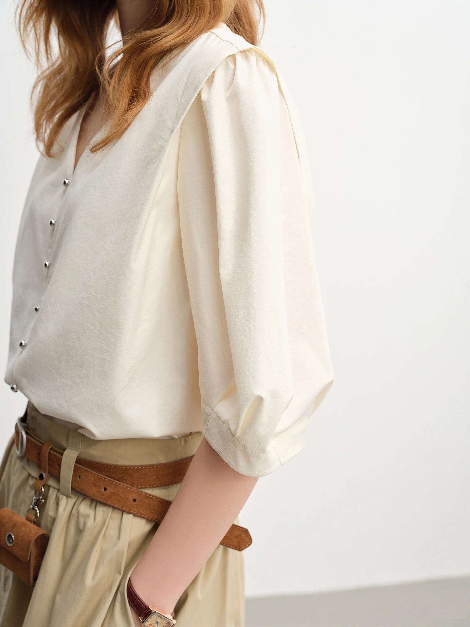 DUSHU V-neck Blouse Half Sleeve Solid Simple Ins Korean Style 2025 Autumn New Fashion Commuting All-match Slim Tops