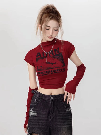 HOUZHOU Y2k Red Tops for Women Vintage 2000s Aesthetic Kpop T-shirts Grunge Korean Long Sleeve Gyaru Streetwear Harajuku Acubi