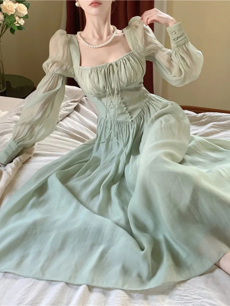 Elegant Princess High Waist A-line Lace Up French Vintage Dress