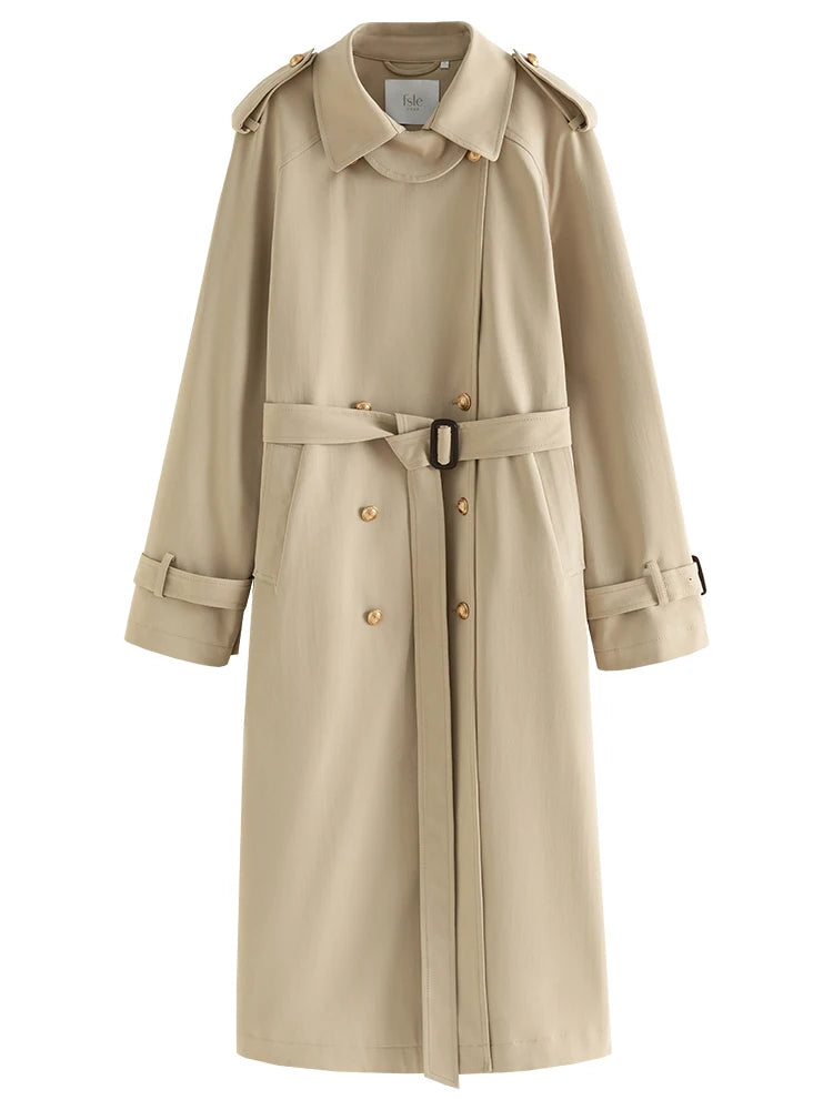 FSLE Turn-down Collar Double Breasted Office Lady Long Trench Coats Light Khaki Spring New Temperament Straight Jacket 24FS11092