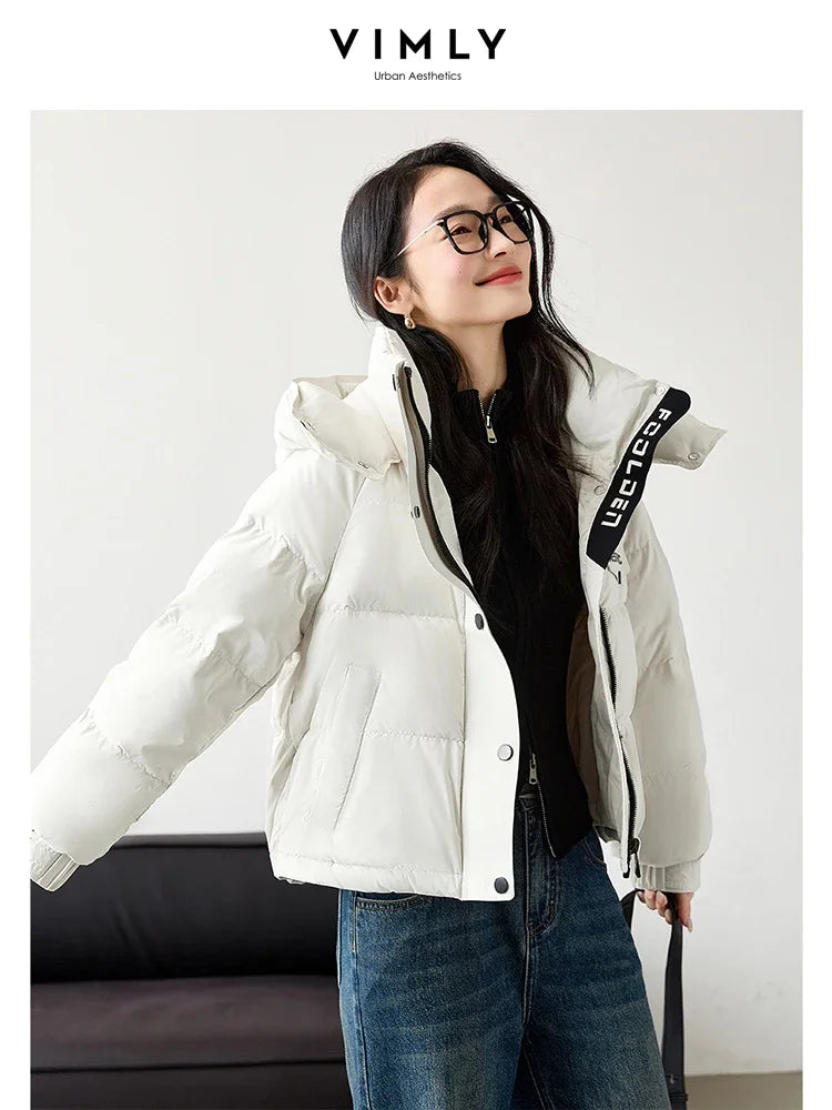 VIMLY Women's Office Lady Short Down Jacket Winter New 90% White Duck Down Hooded Warm Jacket Coat Simple Casual Outercoat50807