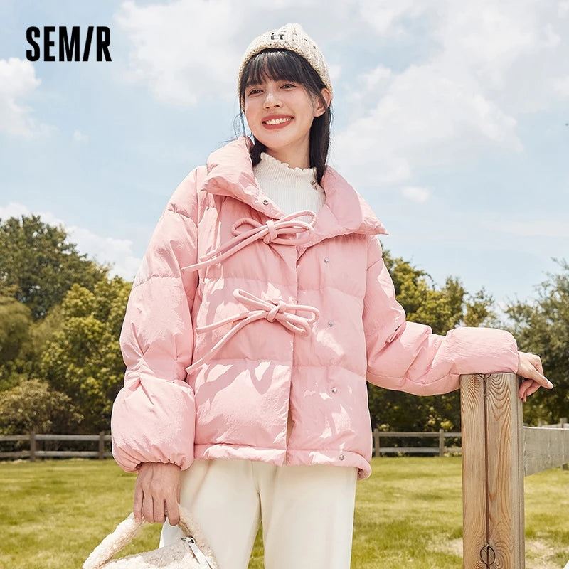 Semir Down Jacket Women Stand Collar Bow Gentle 2022 Winter New Sweet Loose Short Thick Coat