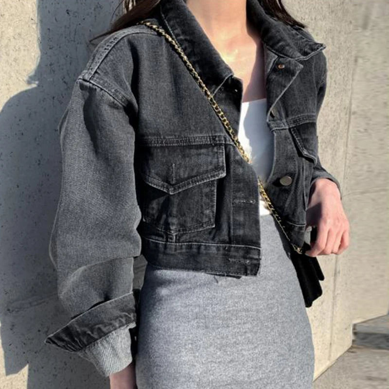 Retro Chic Short Sleeveless Denim Jacket Metal Single Button Loose Fit Long Sleeve Short Sle Women's Fashion Autumn Outerwear