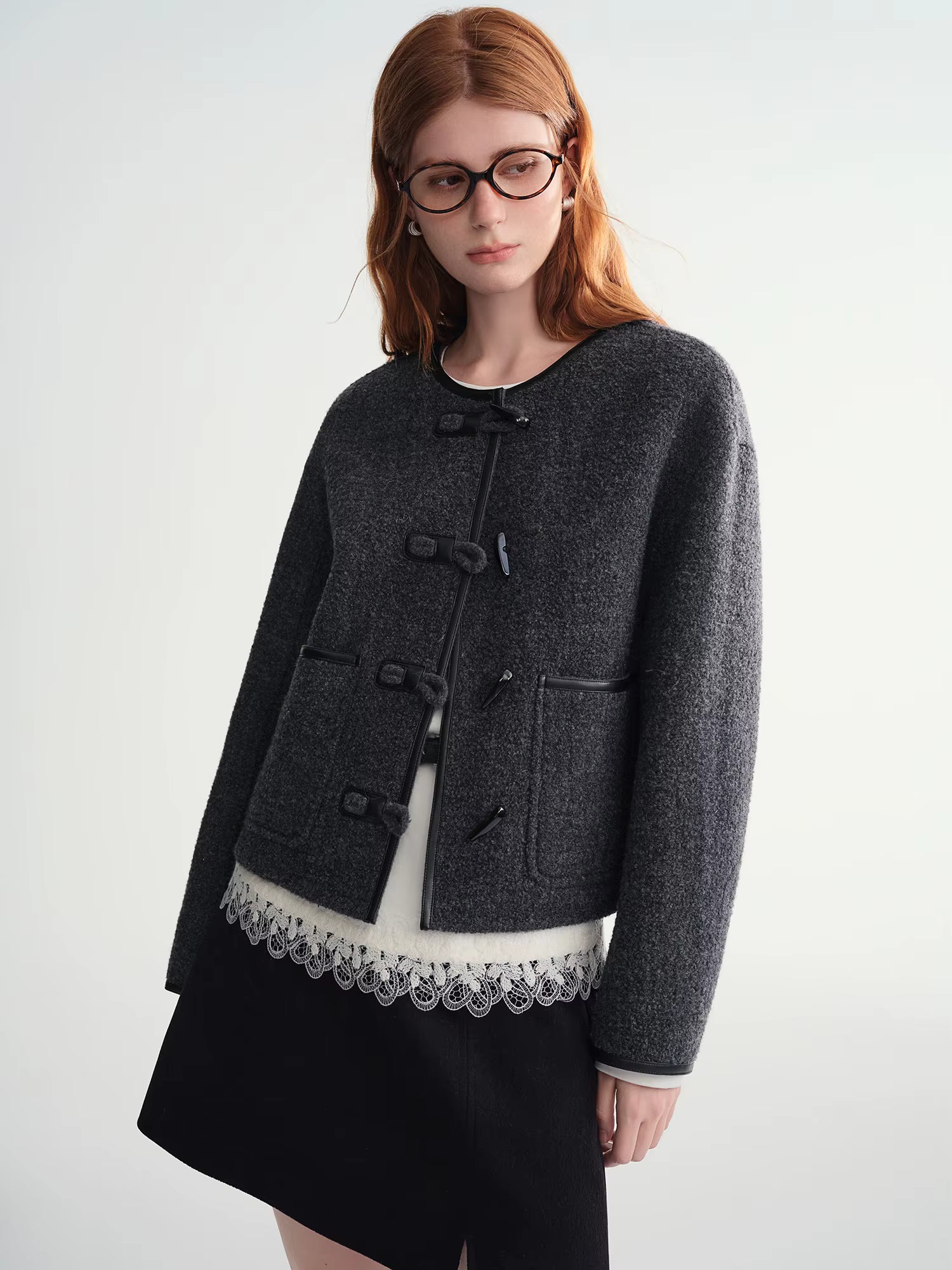 Winter 2025 Women's Mohair Blend Short Coat - Horn Button Double Faced Wool Jacket with Stand Collar Casual Elegance