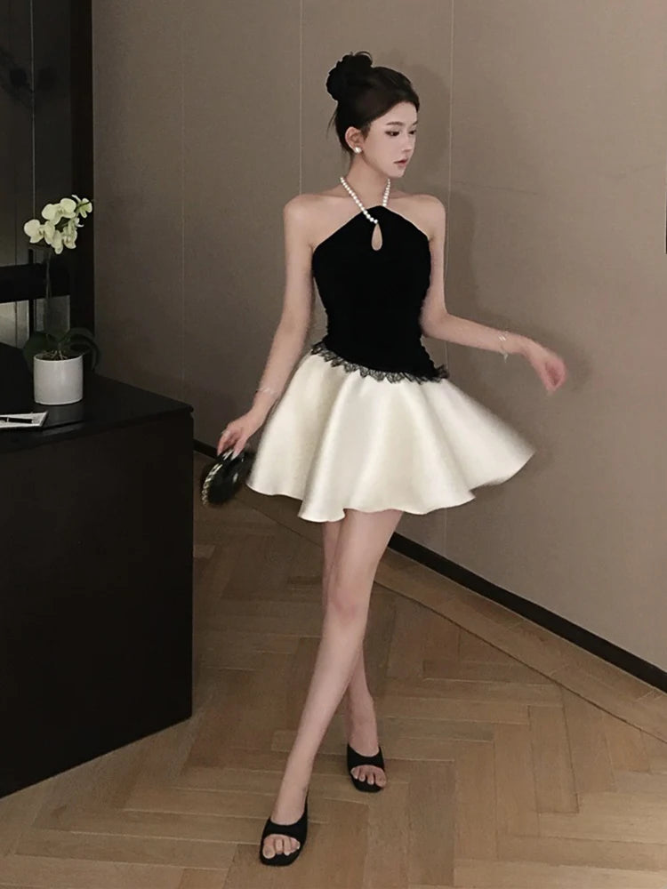 REDDACHiC Pearl Halter Mini Evening Dress Women Satin Stitch Lace Trim Ruffle Puffy Princess Dress Birthday Party Formal Clothes