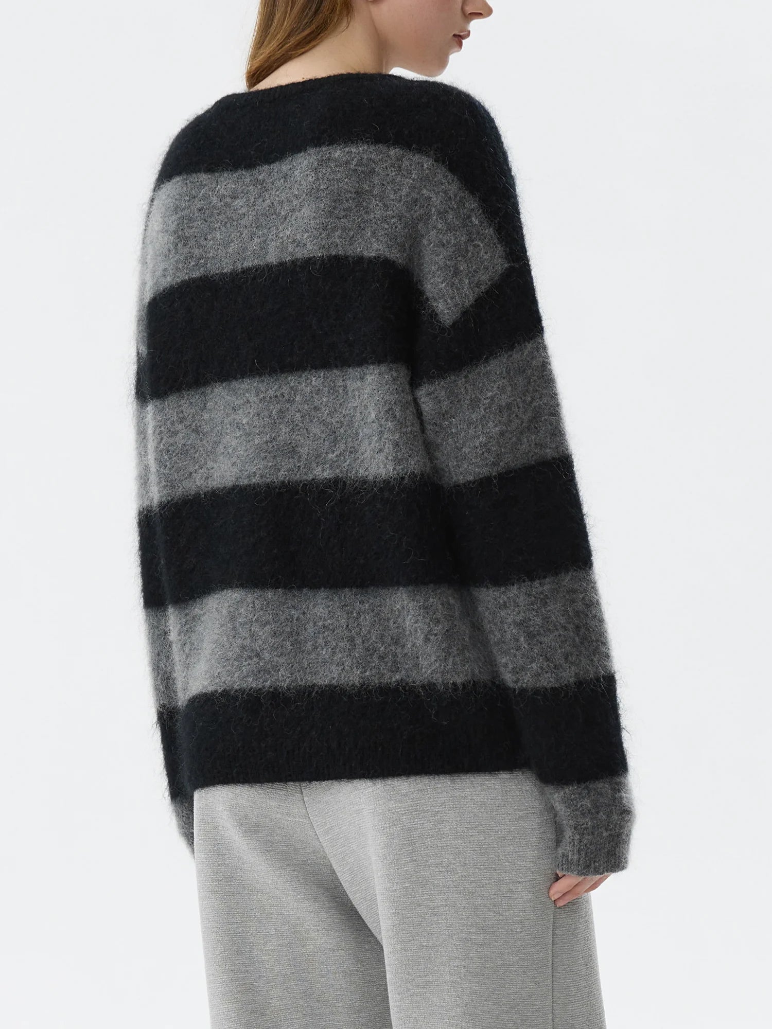 FSLE Office Lady Mohair Retro Striped Knitted Sweater for Women Autumn Winter Black Gray Striped Casual Loose Sweater 24FS14385