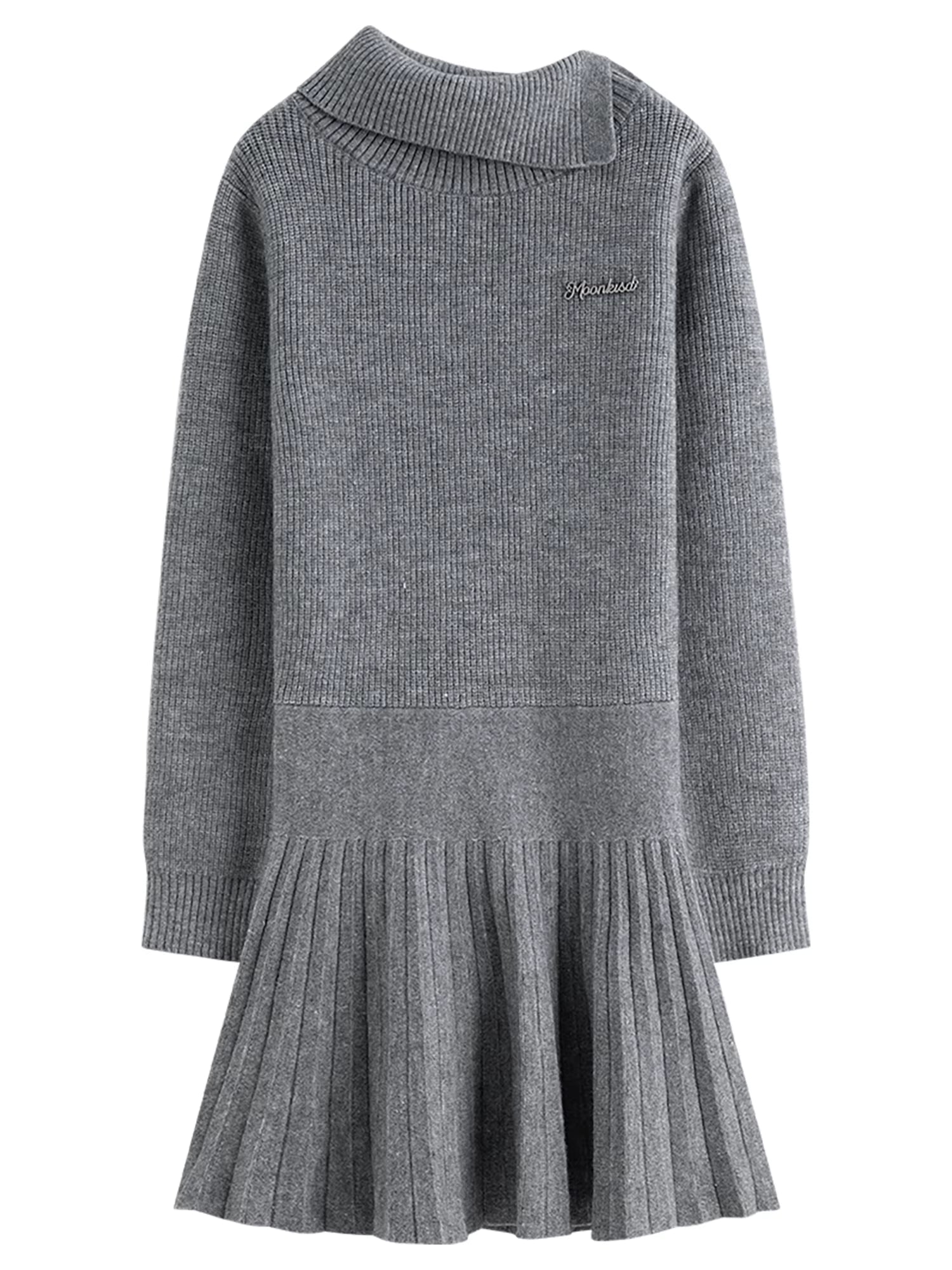 Ballet Style Sweet Knitted Gray Dress for Women 2025 Winter New Oblique Shoulder Lapel Pleated Mini A-line Dresses