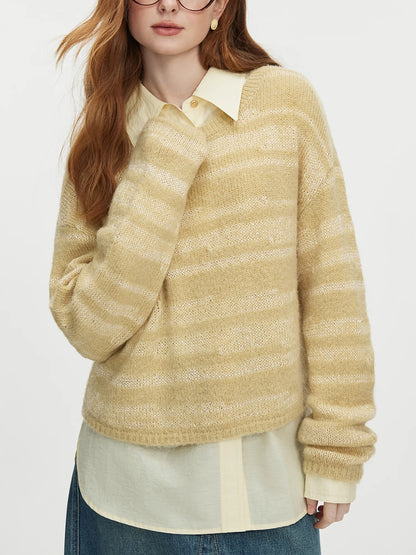 FSLE【4 Colors】Women Pullover Sweater 8.7% Wool Round Neck Female Autumn New Yellow Jumper Tops Drop Sleeve Sweater 24FS13038