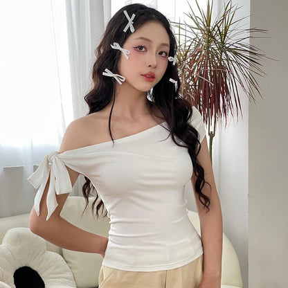 CUTENOVA 2024 Women'S Summer Ins Style New Shrink Pleated One-Shoulder Crop Top Backless Twist Tie Asymmetric T-Shirt Casual Top