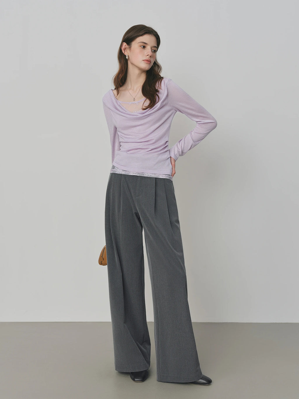 FSLE Purple Swing Collar Mesh Knit Sweater Women 2025 Autumn New Thin Slightly Transparent Long Sleeve Top