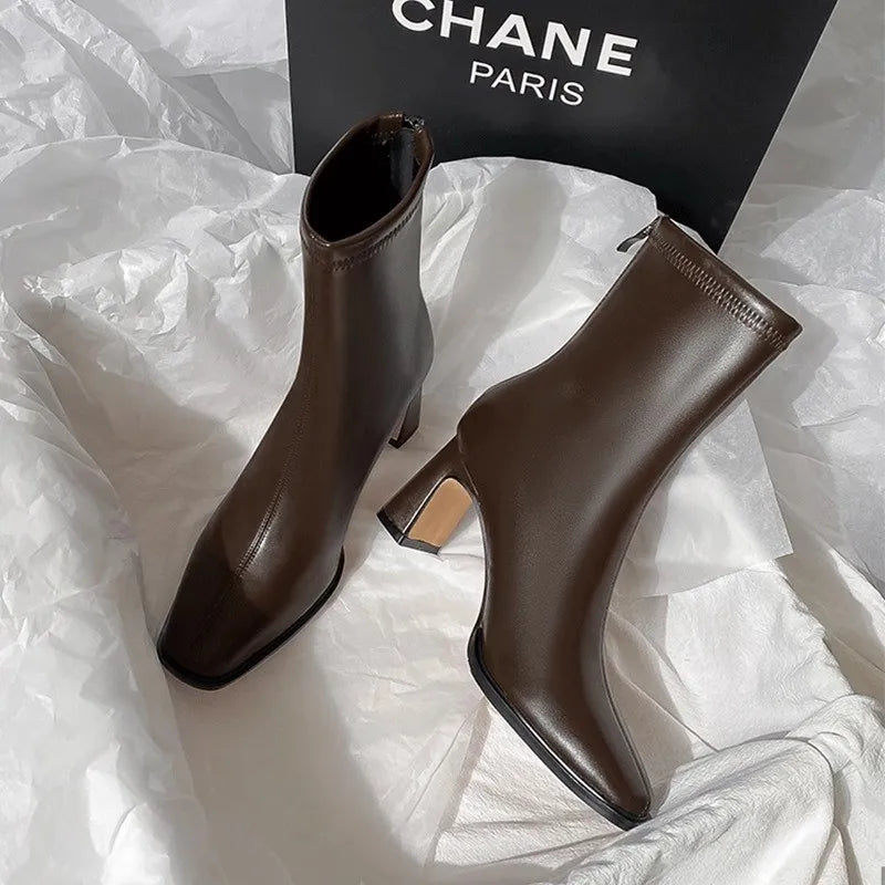 Square Ankle Boots Autumn Comfortable Soft Leather High Heel Boots Women's Fashion Zipper Simple Temperament Women's Shoes