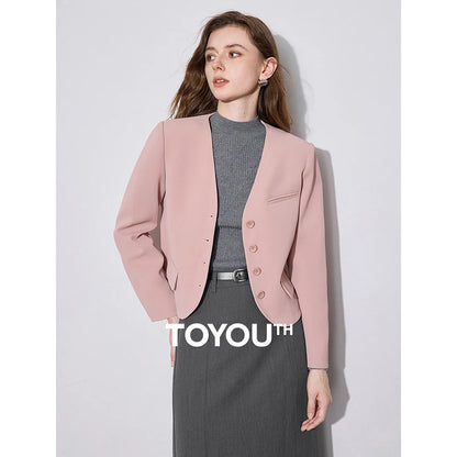 TOYOUTH Women Blazer 2024 Autumn Winter New Elegant V-neck Single Breasted Button Short Style Cardigan Jacket