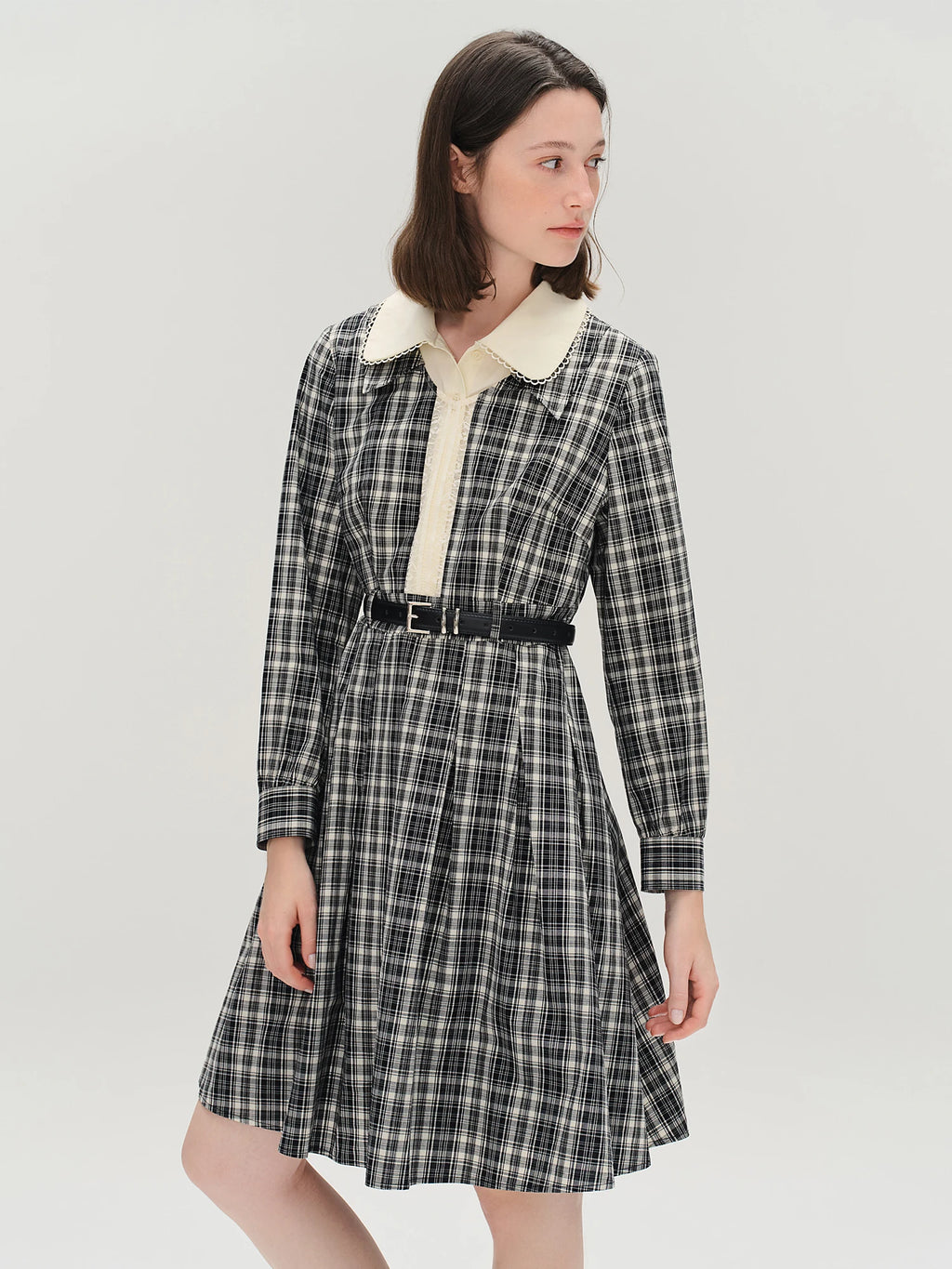DUSHU Lace Peter Pan Collar Plaid Dress Women 2025 Autumn New Style Long Sleeve Knee Length Vintage Girlish British Style