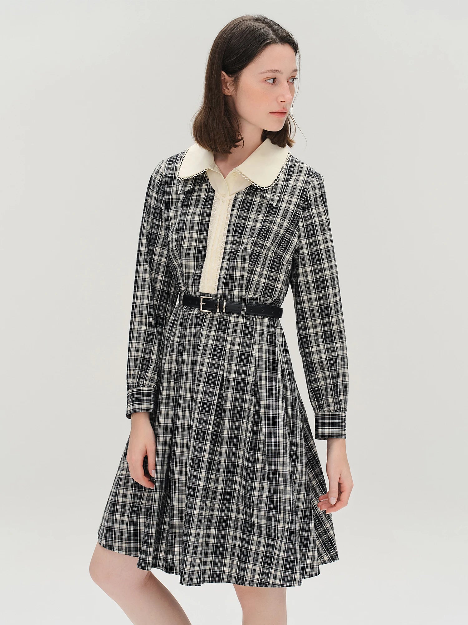 DUSHU Lace Peter Pan Collar Plaid Dress Women 2025 Autumn New Style Long Sleeve Knee Length Vintage Girlish British Style
