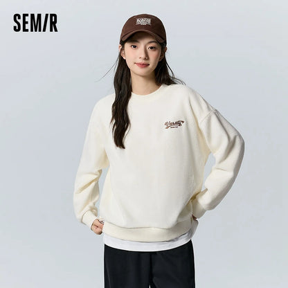 Semir Sweatshirt Women Mid-Length Heating Imitation Lamb Wool Loose Fake Two-Piece Letter Embroidery Dropped Shoulder Top