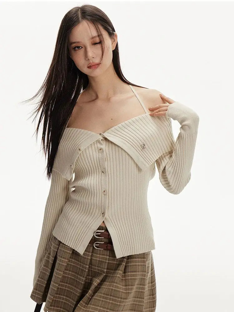 Autumn Slash Neck Off Shoulder Women Cardigans Y2k Aesthetic Slim Vintage Grunge Sweaters Trendy Bandage Halter Knitwear Female