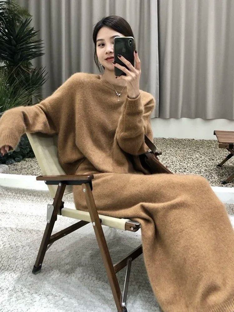 Autumn Winter Knitted 2 Piece Sets Office Ladies Elegant O Neck Pullover Soft Knitting Sweater+High Waist Long Skirts Sets