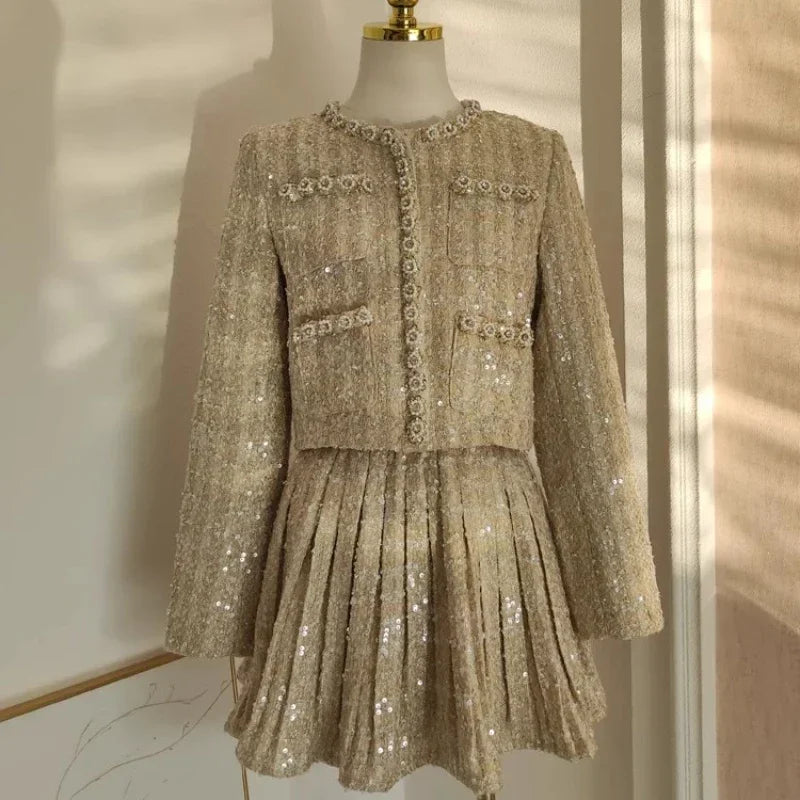 Autumn Winter Beading Tweed Pearls Short Jacket Coat + Mini Pleated Skirt Suit Two Piece Sets Womens Outifits