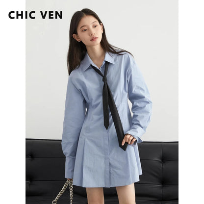 CHIC VEN Korean Women Shirt Dress Blue Cotton Waist Pleated A-line Long Sleeved Female Blouse Dress Spring Summer 2024