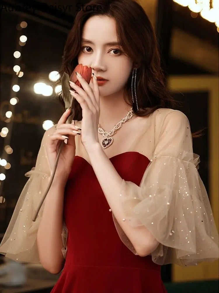 Fairy Red Midi Dress Women Elegant Vintage Chic Design Formal Occasion Dresses Summer Casual Evening Wedding Party Dress New In