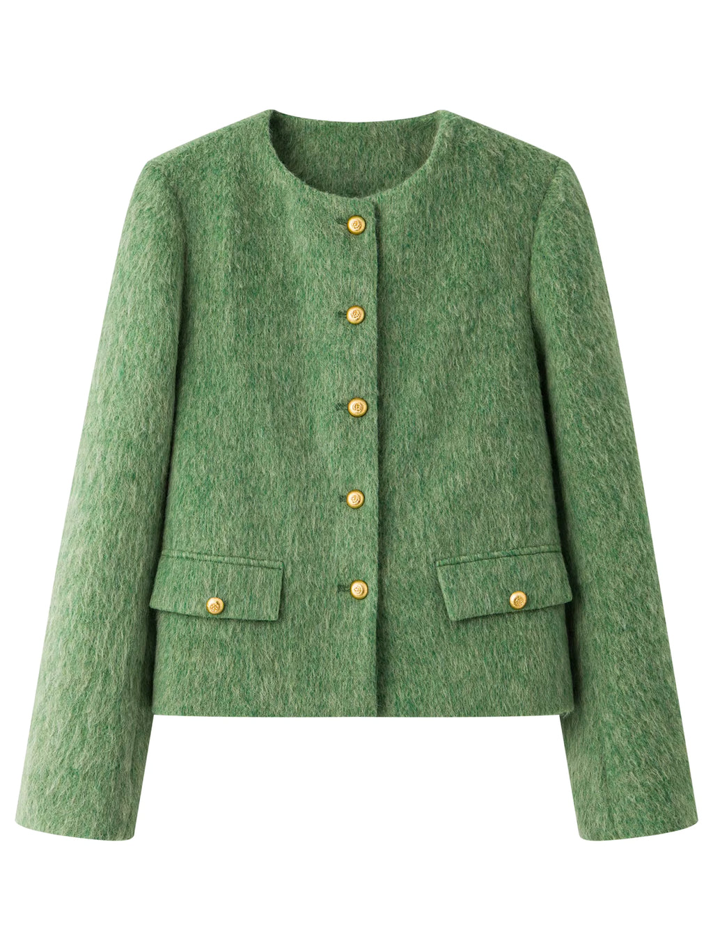 French Style Tweed Round Neck Wool Blend Structured Shoulder Women Coat 2025 New Outerwear Classic Elegant Casual Jacket