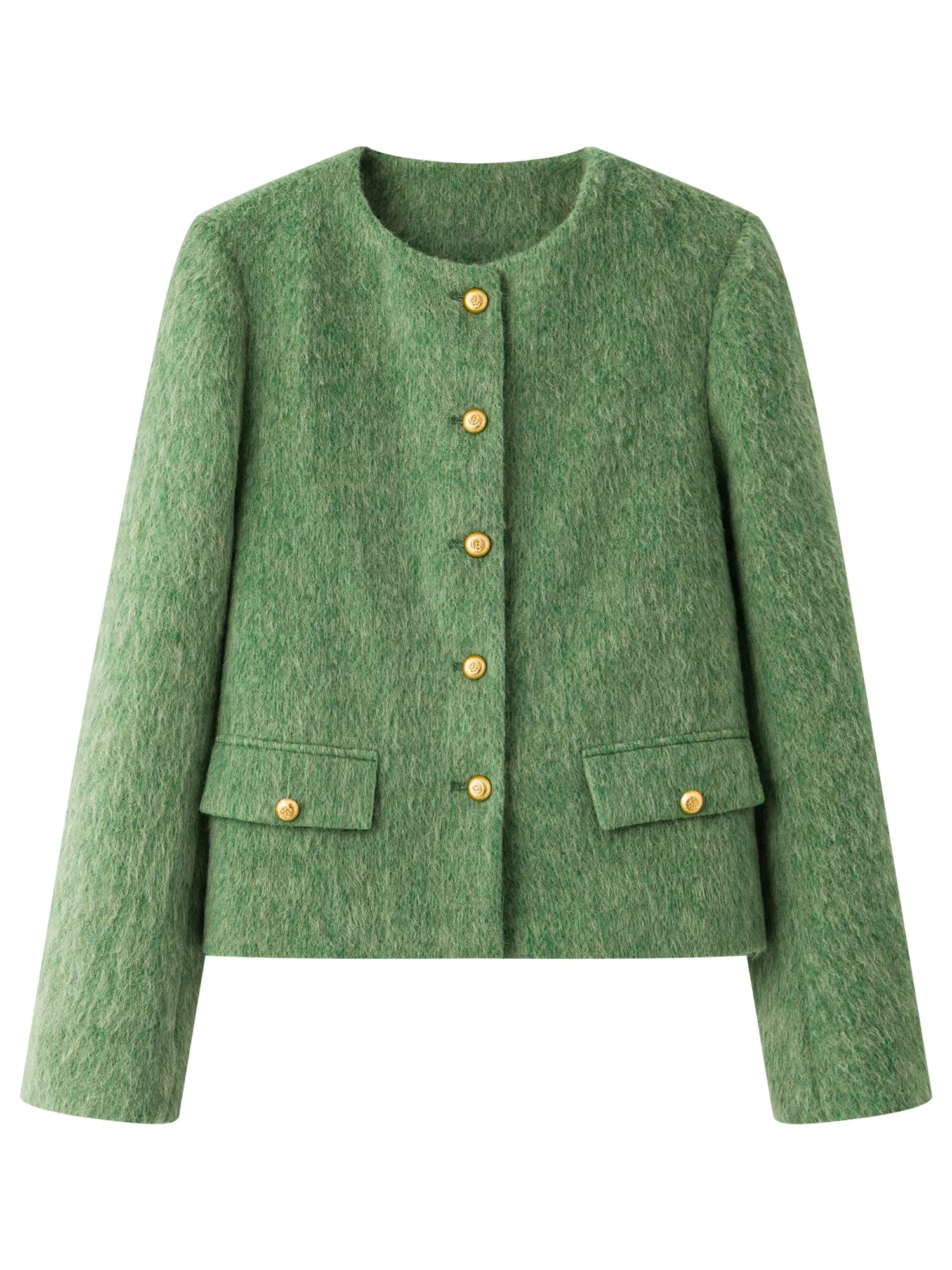 French Style Tweed Round Neck Wool Blend Structured Shoulder Women Coat 2025 New Outerwear Classic Elegant Casual Jacket