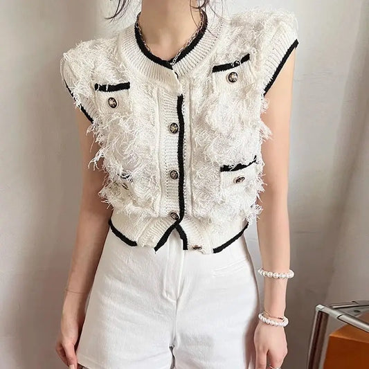 High Quality Fall Winter French Vintage Sleeveless Jacket For Women Fashion Luxury Short Coats Tassels Outwear Knitted Tops