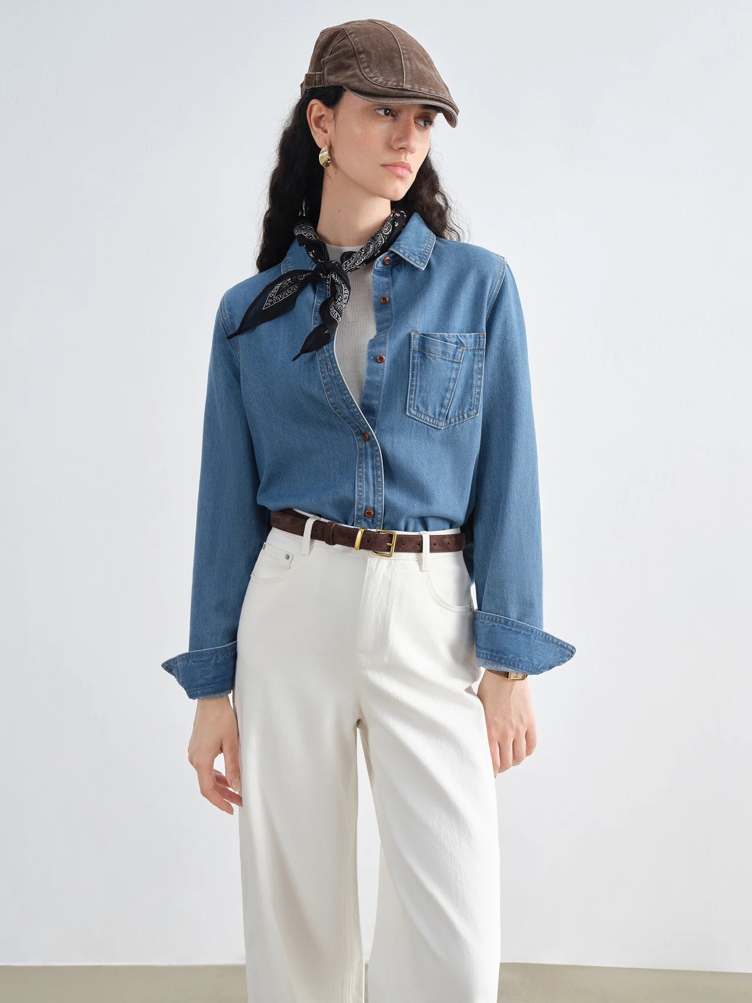 ZIQIAO Petite Size Denim Blue Straight Shoulder Long Sleeve Shirt For Female 2025 Autumn New Arrival Retro Casual Top