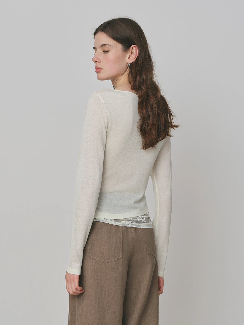 FSLE Purple Swing Collar Mesh Knit Sweater Women 2025 Autumn New Thin Slightly Transparent Long Sleeve Top