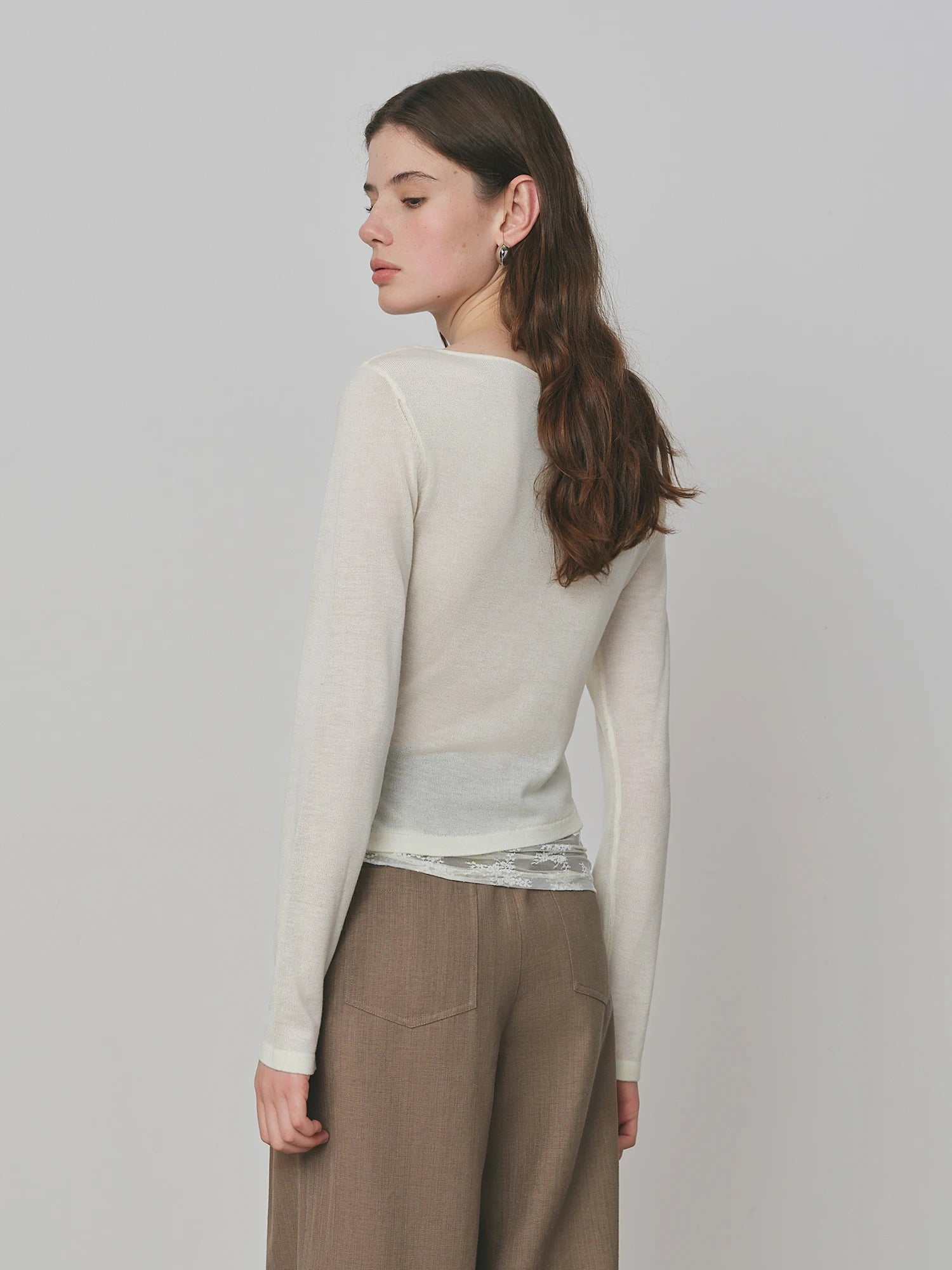 FSLE Purple Swing Collar Mesh Knit Sweater Women 2025 Autumn New Thin Slightly Transparent Long Sleeve Top