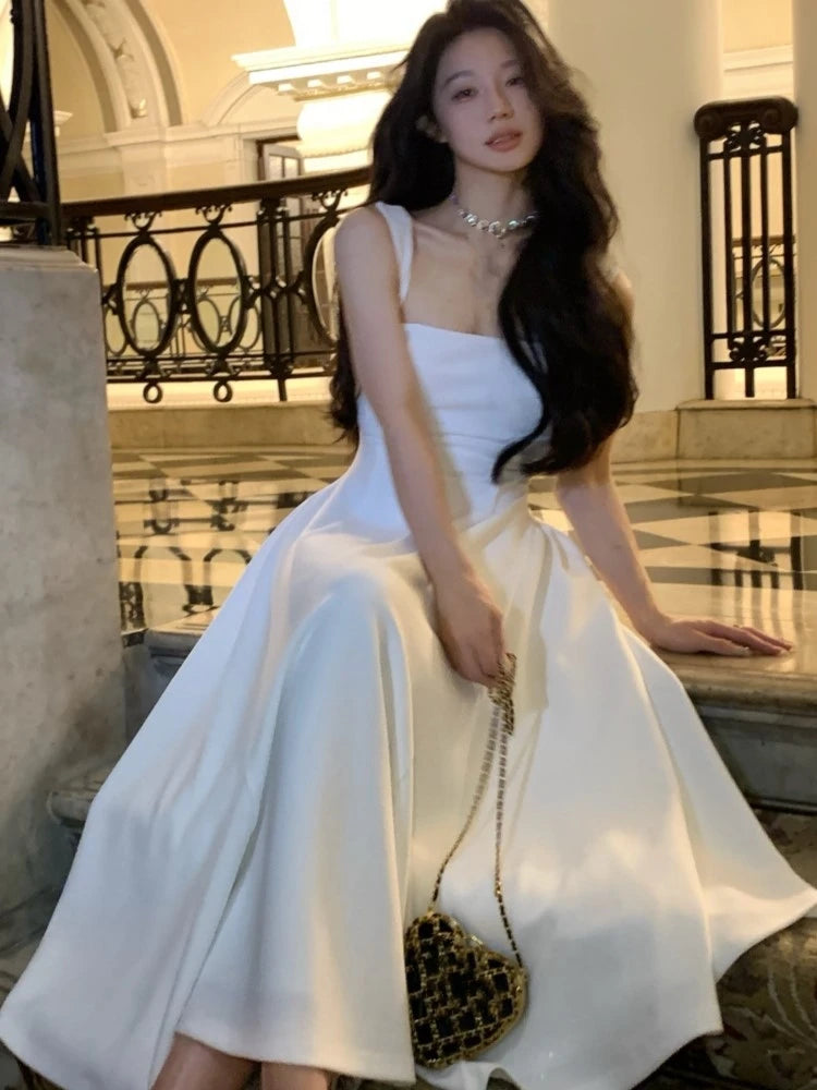 Solid Midi Dress Women French Elegant Holiday Party Dresses A-line Prom Robe Wedding Vestidos Ladies Clothes New