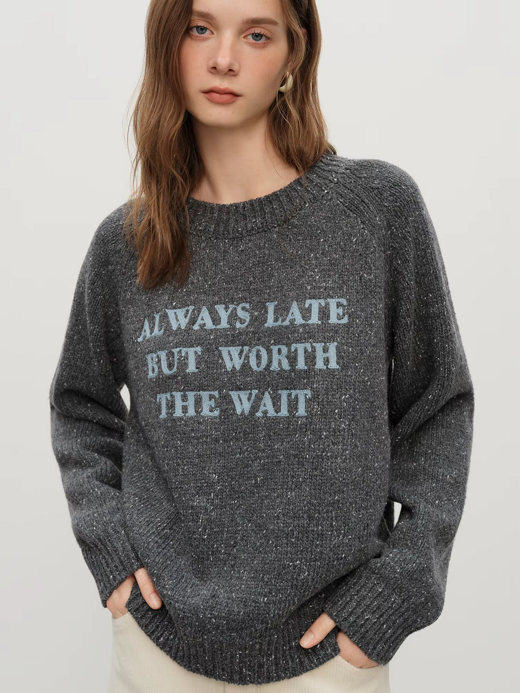 2025 Winter Women's Color Block Letter Embroidery Knit Sweater with Raglan Sleeves - Round Neck Pullover Top for Casual