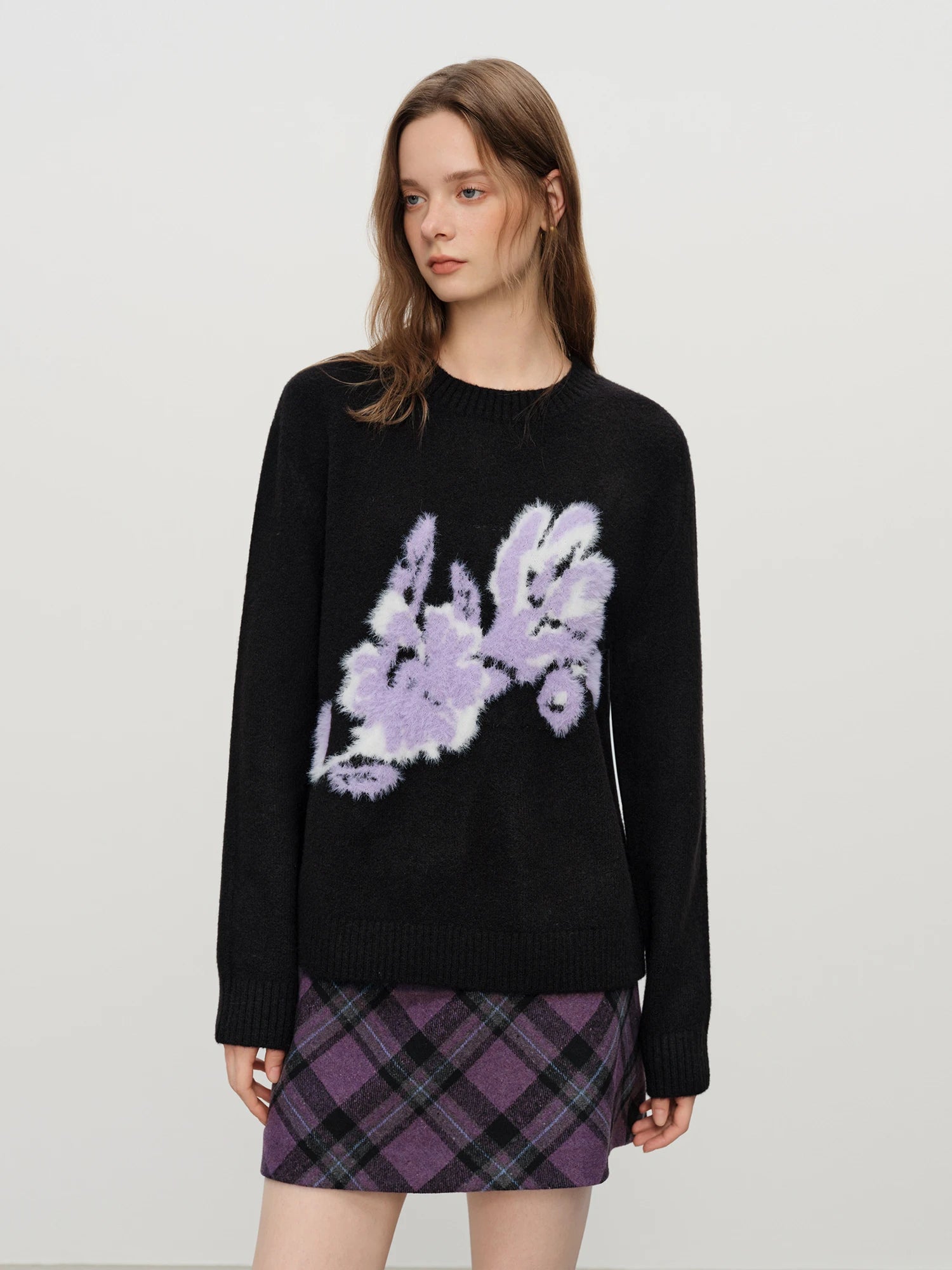Winter 2025 Women's Floral Jacquard Knit Sweater - French Style Round Neck Pullover Warm Cozy Versatile Top
