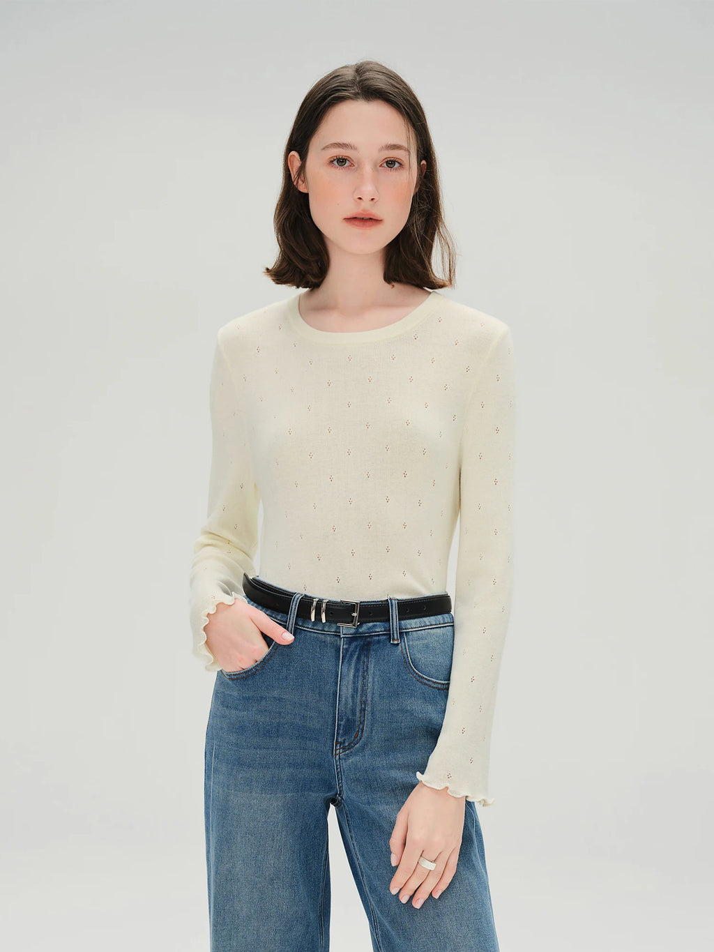 DUSHU Autumn 2025 Women's Round Neck Knit Top - Eyelet Trim Lace Edge Ribbed Texture Office Casual Blouse with Loose Fit