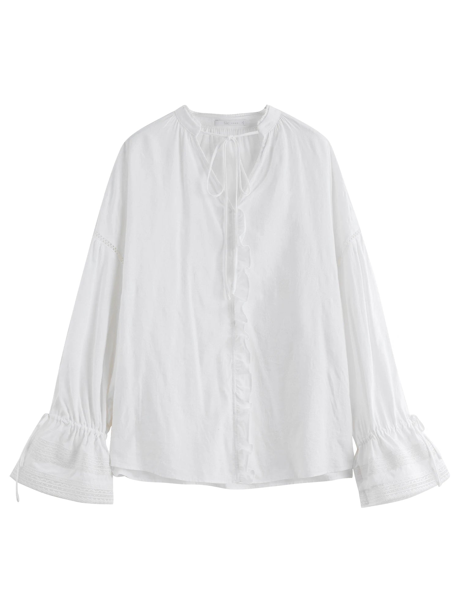 FSLE French Style V-neck Earrings Lace-up Shirt for Women Autumn 2025 New Arrival Long-sleeved Stitching Casual Tops