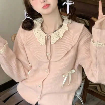 Sweet Doll Collar Lace Spliced Sweaters Autumn Winter New Fashion Bow Women's Clothing Long Sleeve Casual Loose Knitted Cardigan