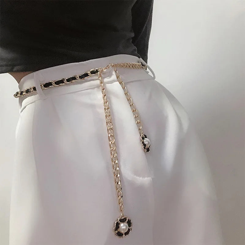 MYMC Metal Waist Leather Chain Belt for Dress Luxury Woman Girls WaistBands Decorative Dress Accessories Ladies Stretch Belts