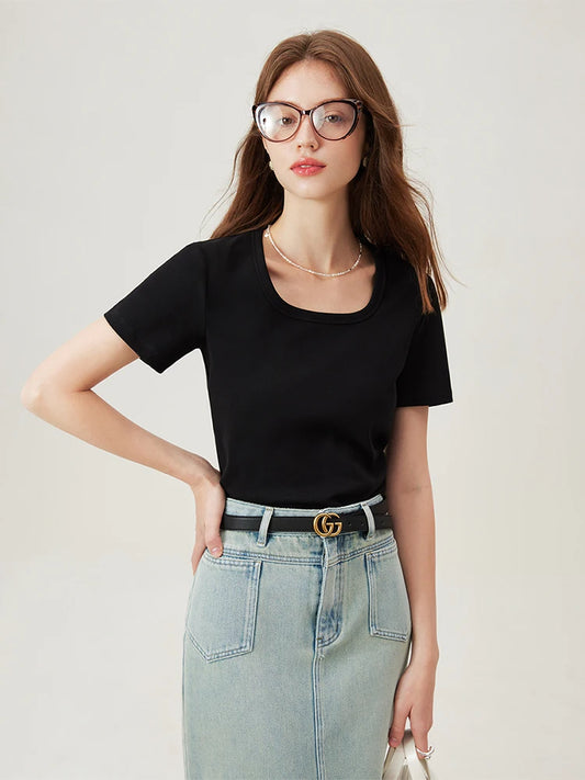 FSLE【4 Colors】Women Round Neck Casual Grey Summer T-Shirt Black Cotton Square Neck Short Sleeve Elastic Tees 24FS12797+24FS12798