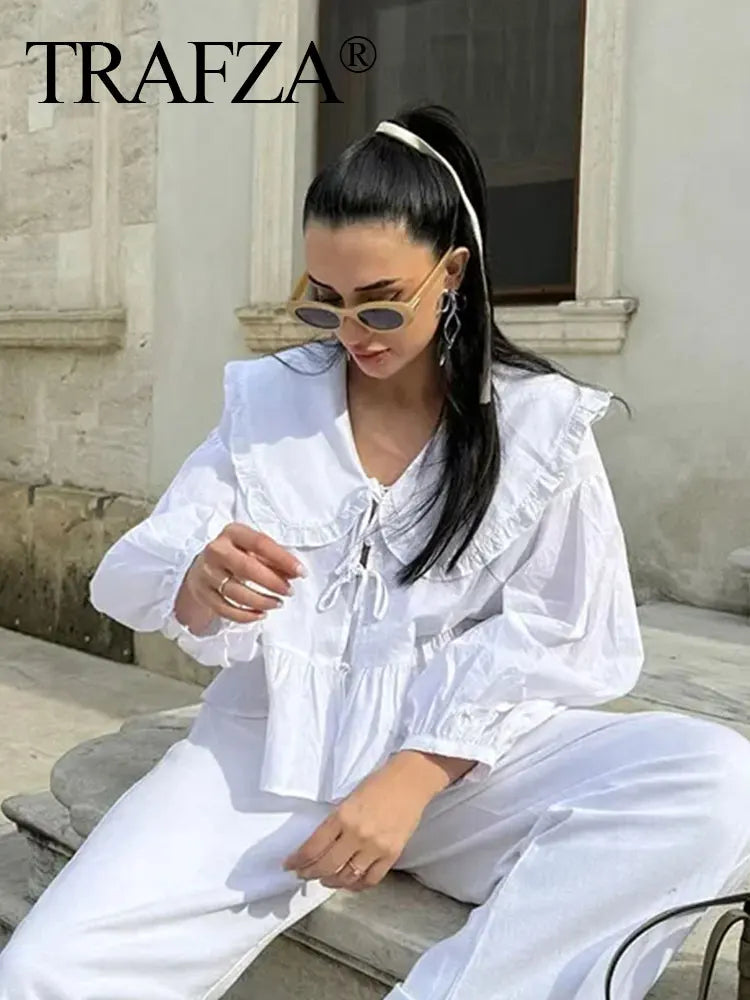 TRAFZA 2024 Women Sweet Solid Shirt Front Bow Lace Up Long Sleeve Blouses Elegant White Top For Woman Summer Casual Shirts