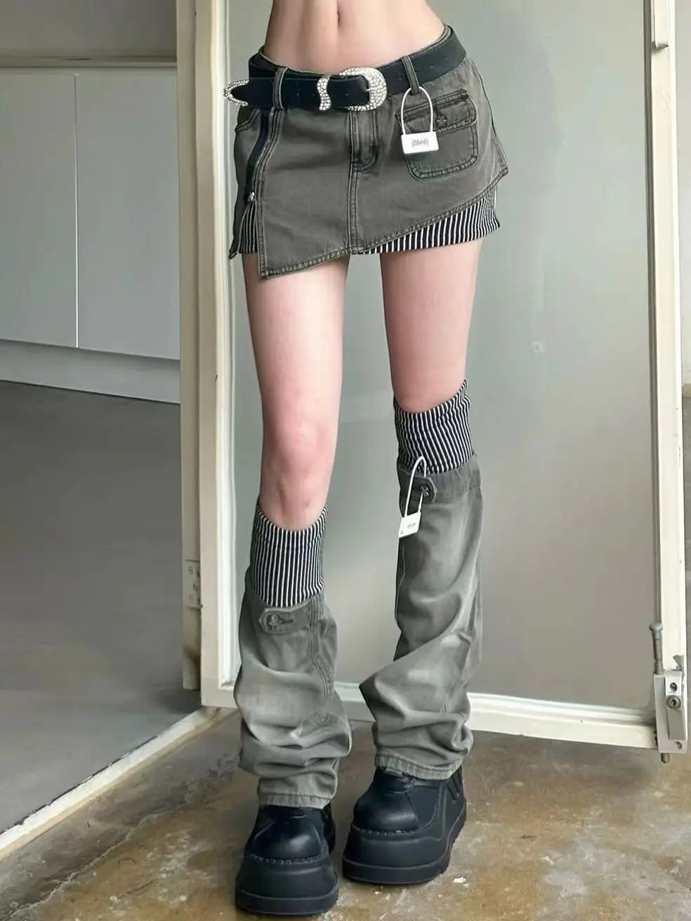 American retro patterned patchwork denim suit half skirt women Y2K irregular short skirt leg cover two-piece set for wearing