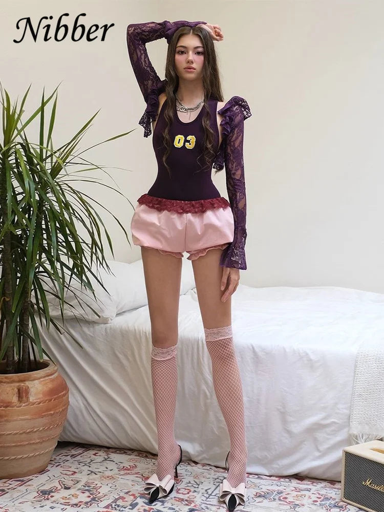 Nibber Mesh Hottie Sexy 3 Piece Set Women Thin Flared Sleeves Shawl+Skinny Number Print Vest+Solid Mini Ruffles Shorts Suits