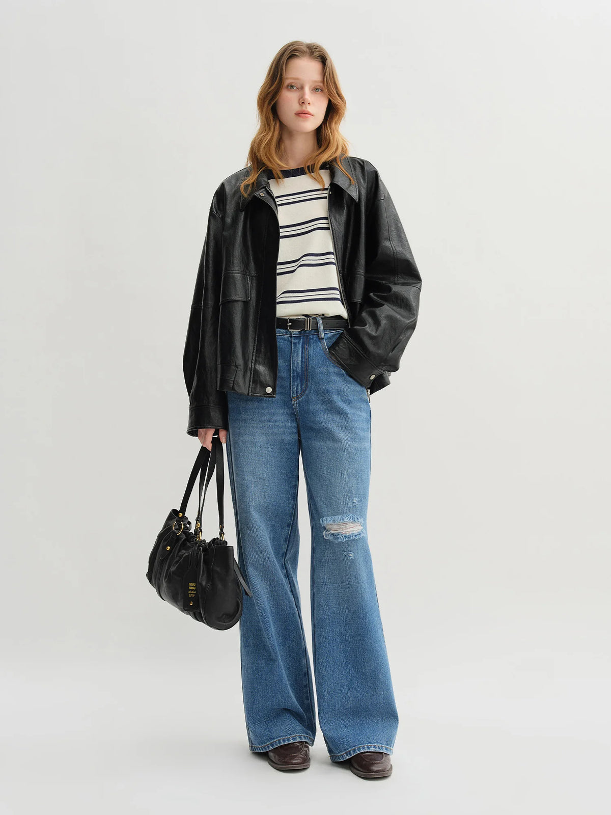 DUSHU 2025 Summer Women's Ripped Jeans - Straight Leg Non-Stretch Casual Pants High Waist Versatile Long Trousers