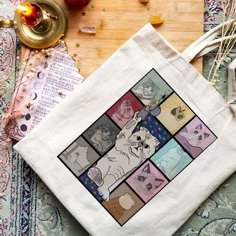 The Eras Tour Cat Version Pattern Canvas Tote Bag Taylor Shopping Bag TS Merch Cute and Funny Cat Shoulder Bags