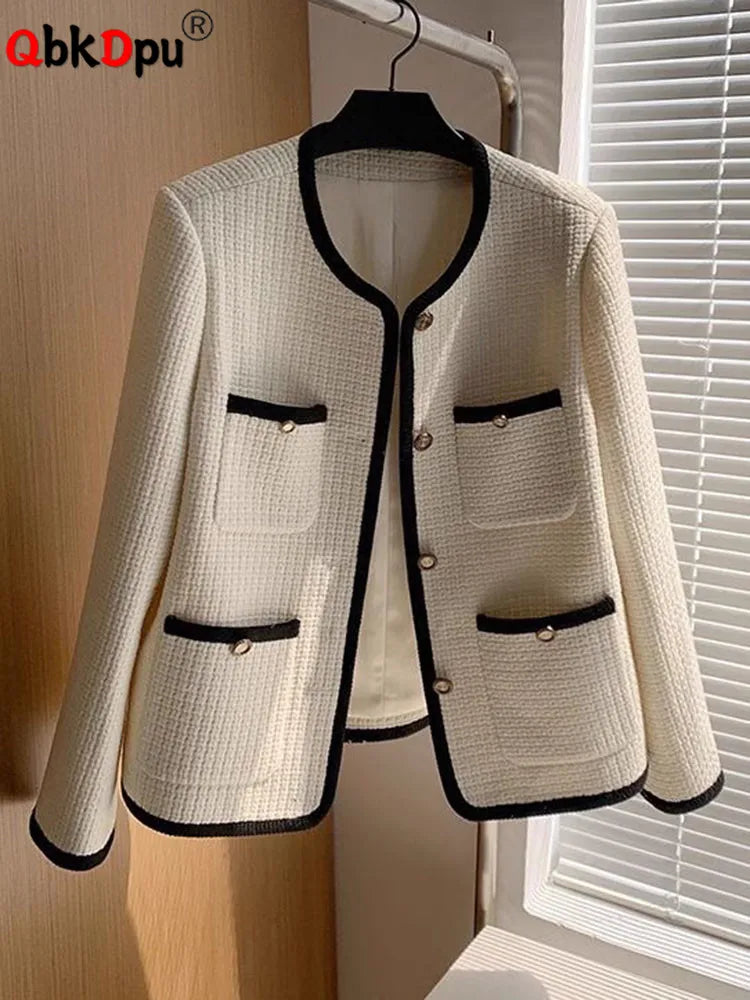 O-neck Tweed Single Breasted Woolen Jackets Korean Fashion Women Chic Wool Blend Tops Abrigos Spring Fall Elegant Casual Coats