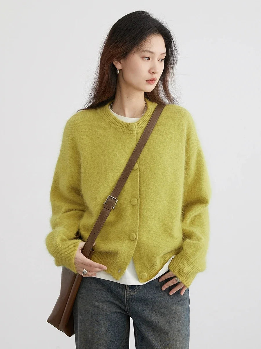 CHIC VEN Women Cardigan Green Loose Korean Soft Knitted Sweaters Rabbit Hair Woman Jumpers Casual Female Top Autumn Winter 2024